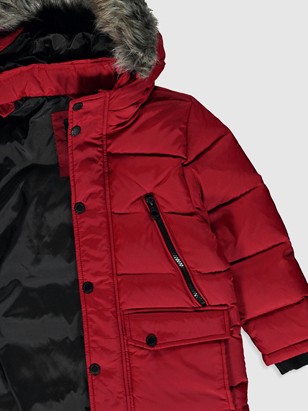 Kırmızı Erkek Çocuk Kapüşonlu Kaz Tüyü Kaban-2