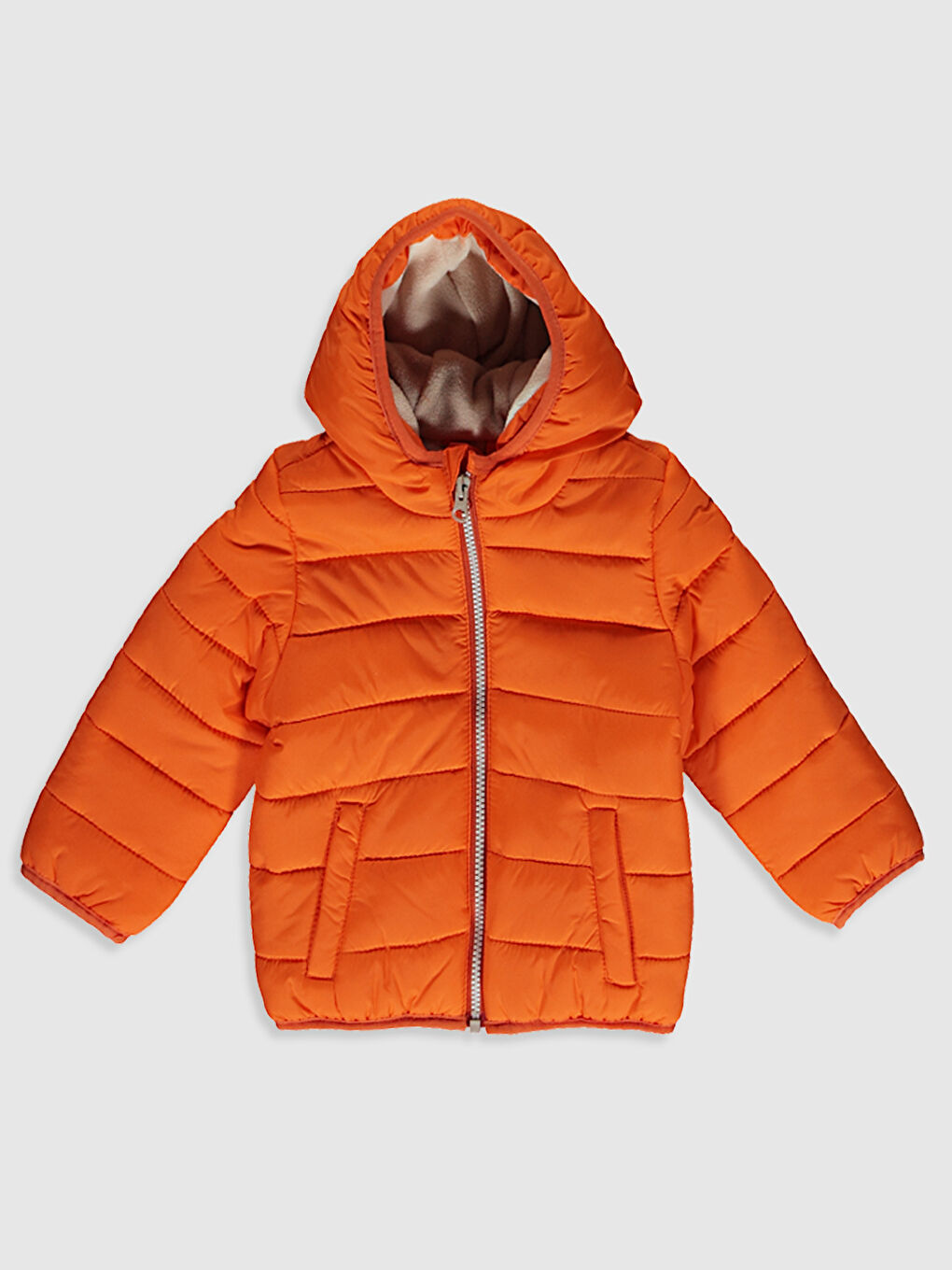 Turuncu Erkek Bebek Kapüşonlu Fermuarlı Mont