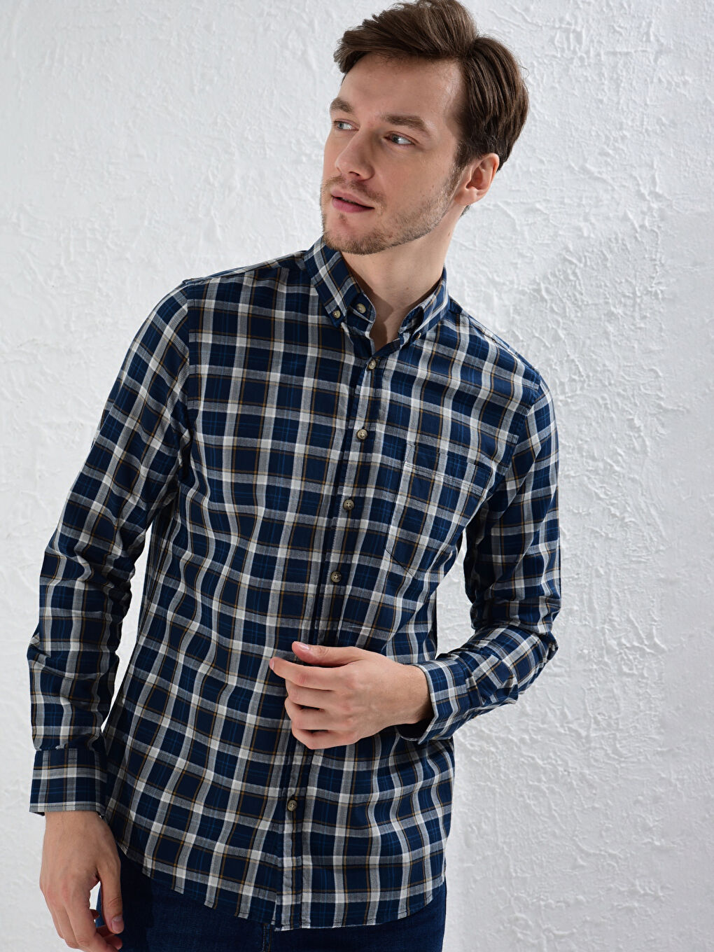 Стандартты пішімдегі торлы ұзын жеңді поплин жейде-1