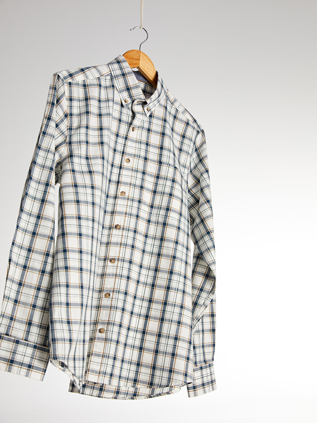 Beyaz Regular Fit Ekose Uzun Kollu Poplin Gömlek