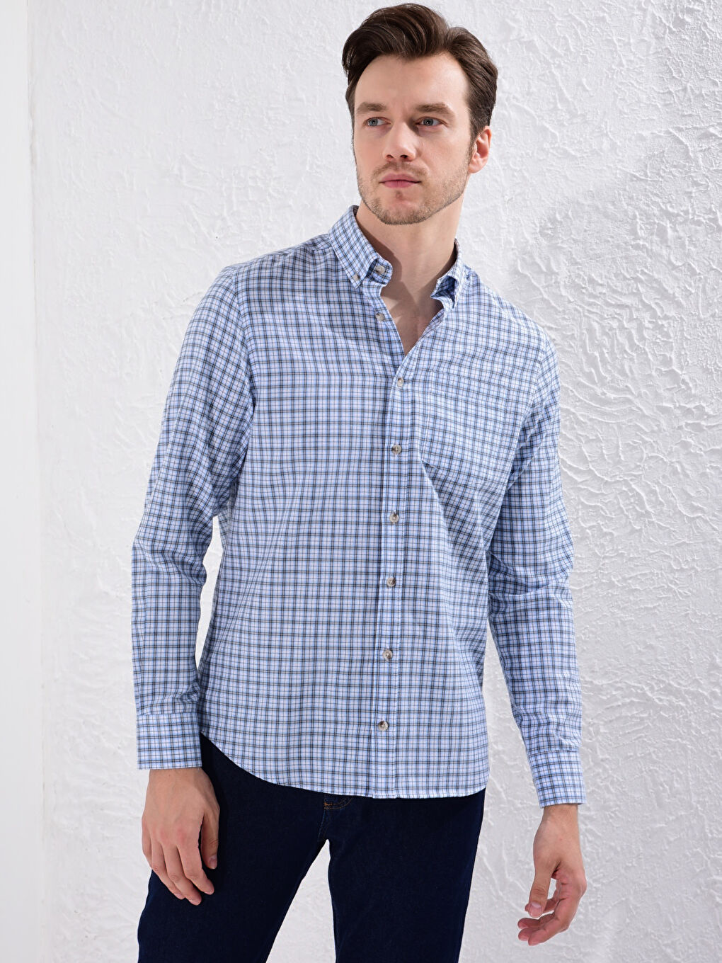 Chemise Gabardine Écossais Manches Longues Coupe Régulière