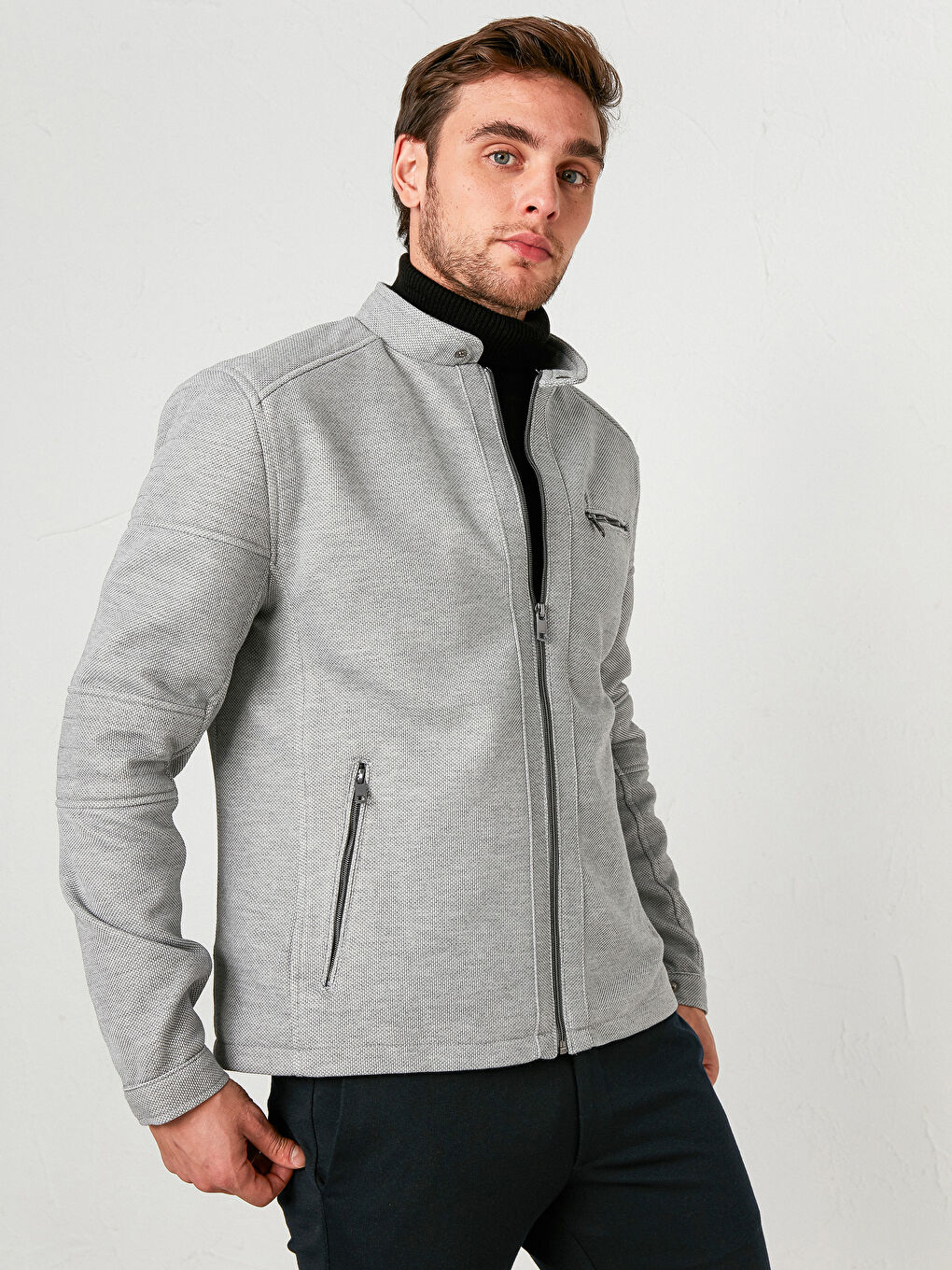 Gri Slim Fit Fermuarlı İnce Mont