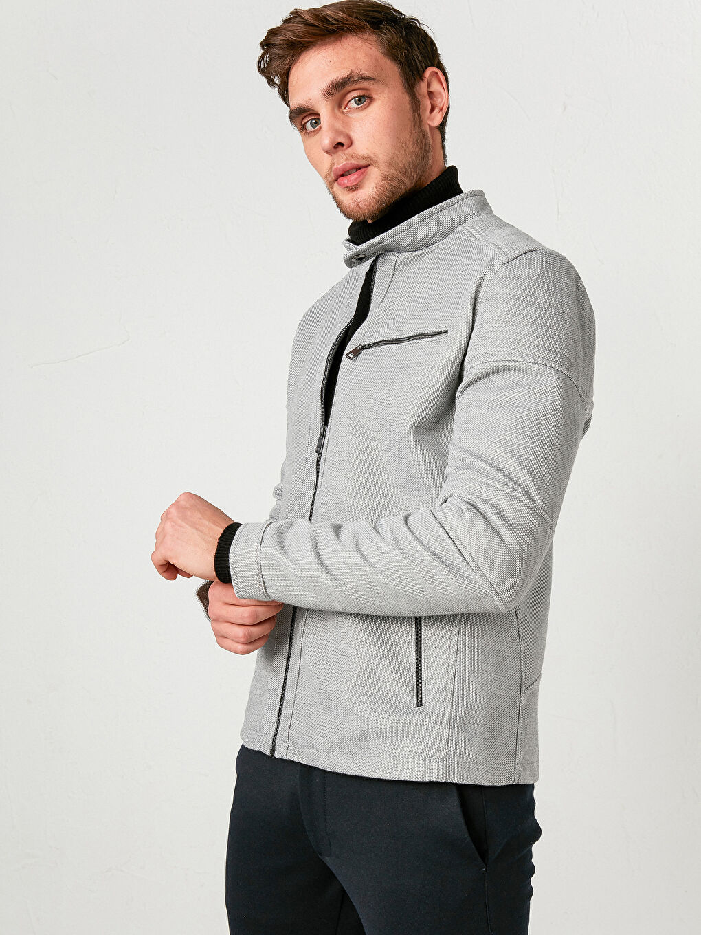 Gri Slim Fit Fermuarlı İnce Mont-1