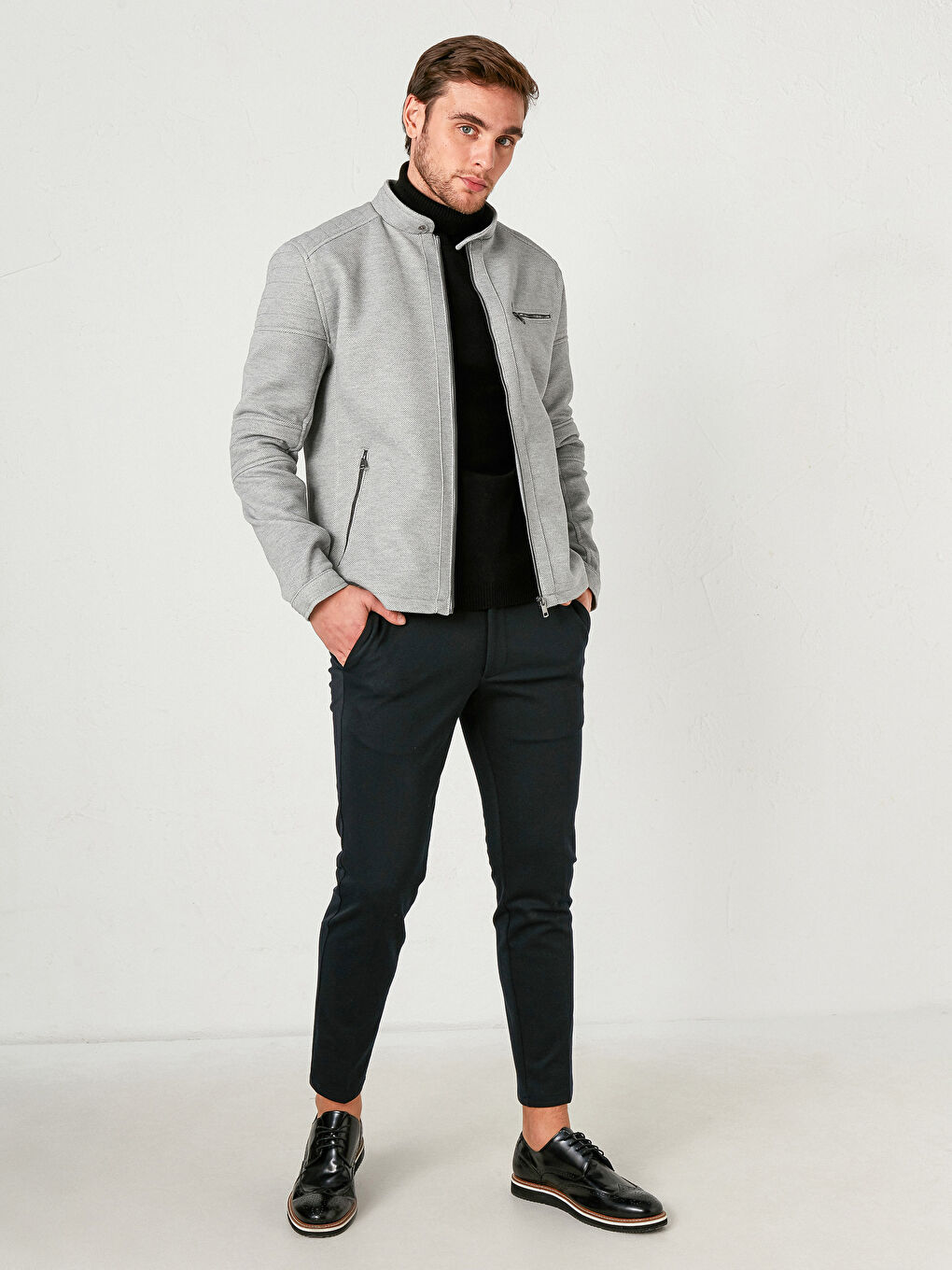 Gri Slim Fit Fermuarlı İnce Mont-4