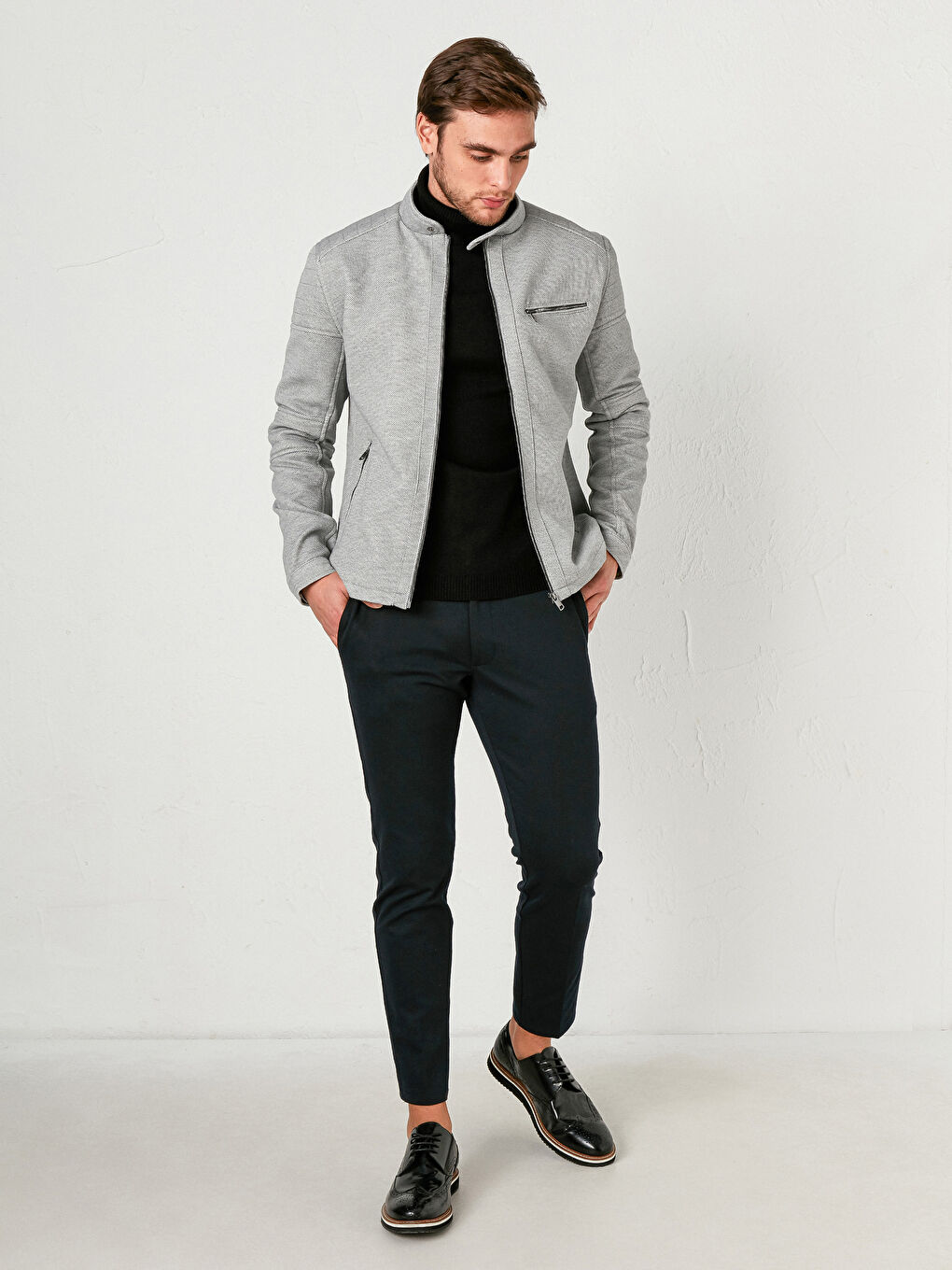 Gri Slim Fit Fermuarlı İnce Mont-5