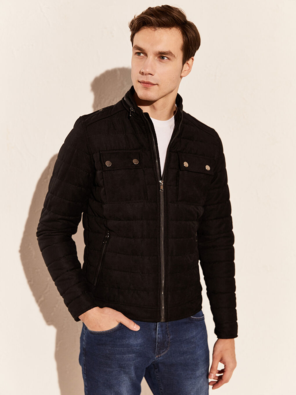 Siyah Slim Fit Dik Yaka Süet Mont