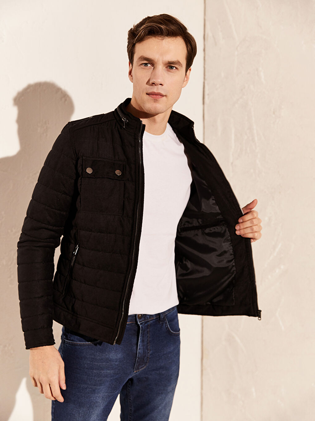 Siyah Slim Fit Dik Yaka Süet Mont-1