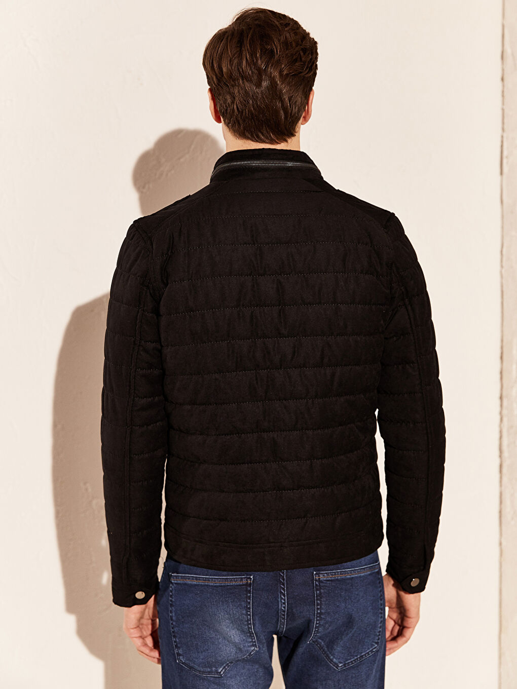 Siyah Slim Fit Dik Yaka Süet Mont-3