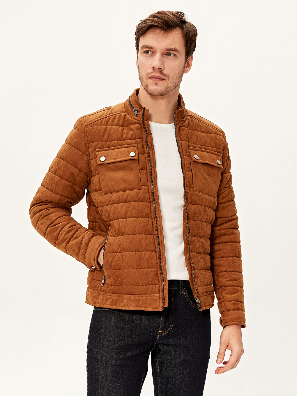 Пальто из замши с воротником-трубой, слим-фит