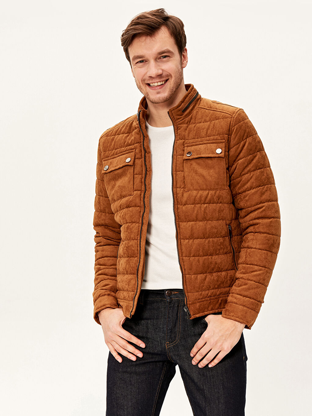 Пальто из замши с воротником-трубой, слим-фит-1