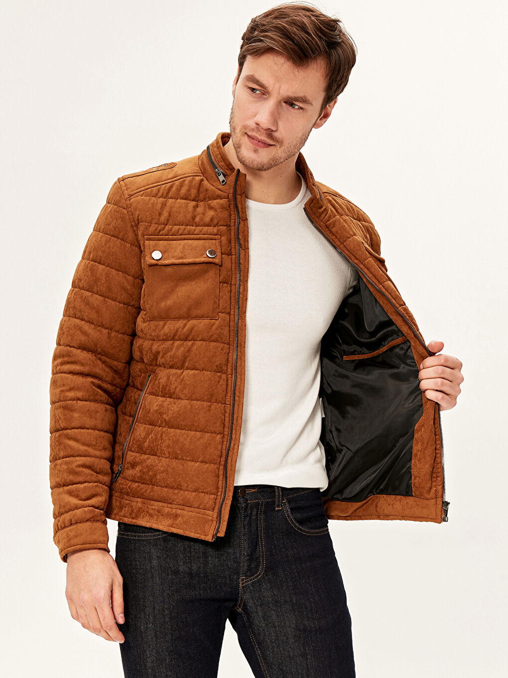 Пальто из замши с воротником-трубой, слим-фит-2