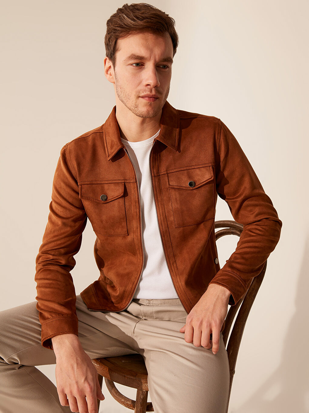 Bej Slim Fit İnce Süet Mont