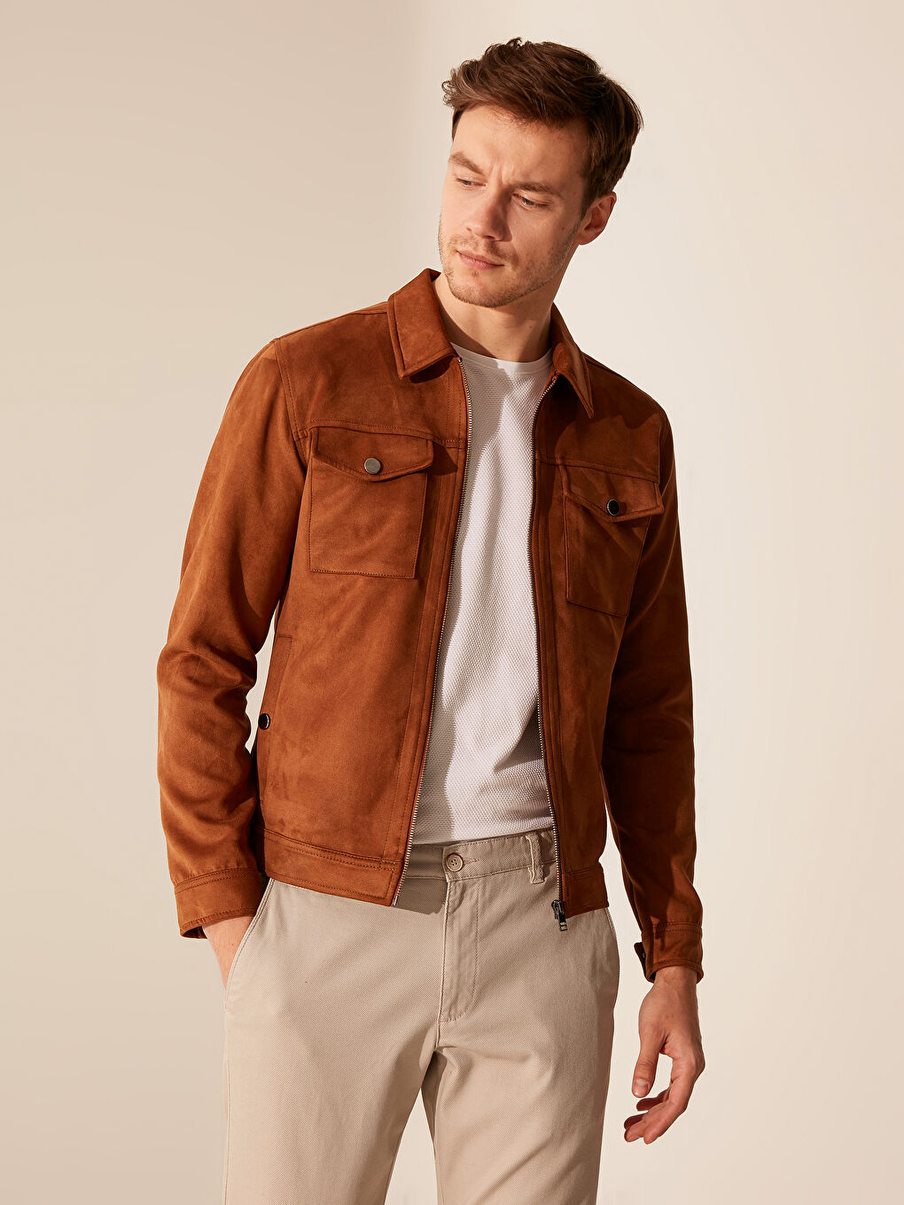 Bej Slim Fit İnce Süet Mont-1