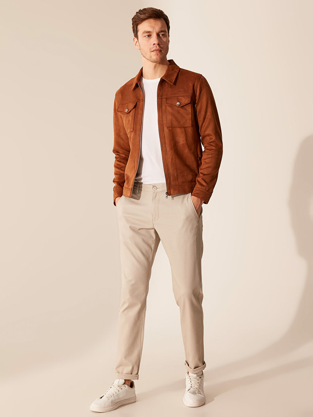 Bej Slim Fit İnce Süet Mont-3