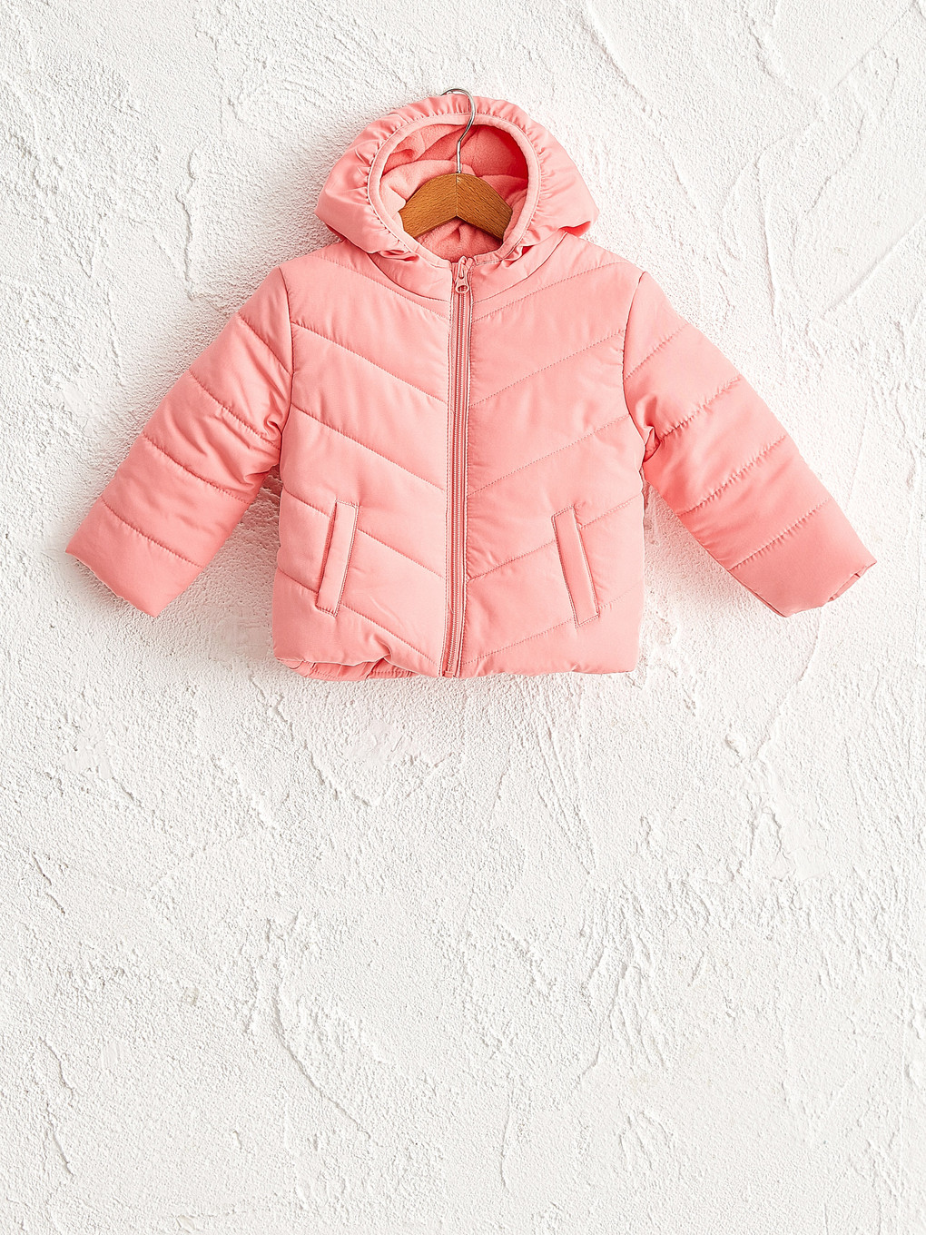 Pembe Kapüşonlu Uzun Kollu Basic Kız Bebek Fermuarlı Mont