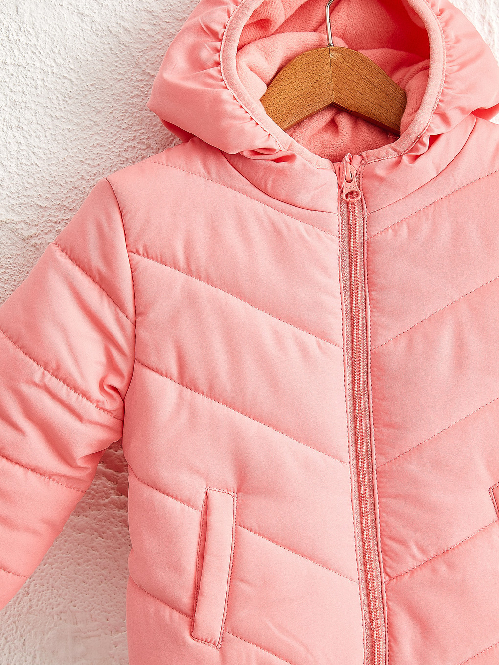Pembe Kapüşonlu Uzun Kollu Basic Kız Bebek Fermuarlı Mont-2