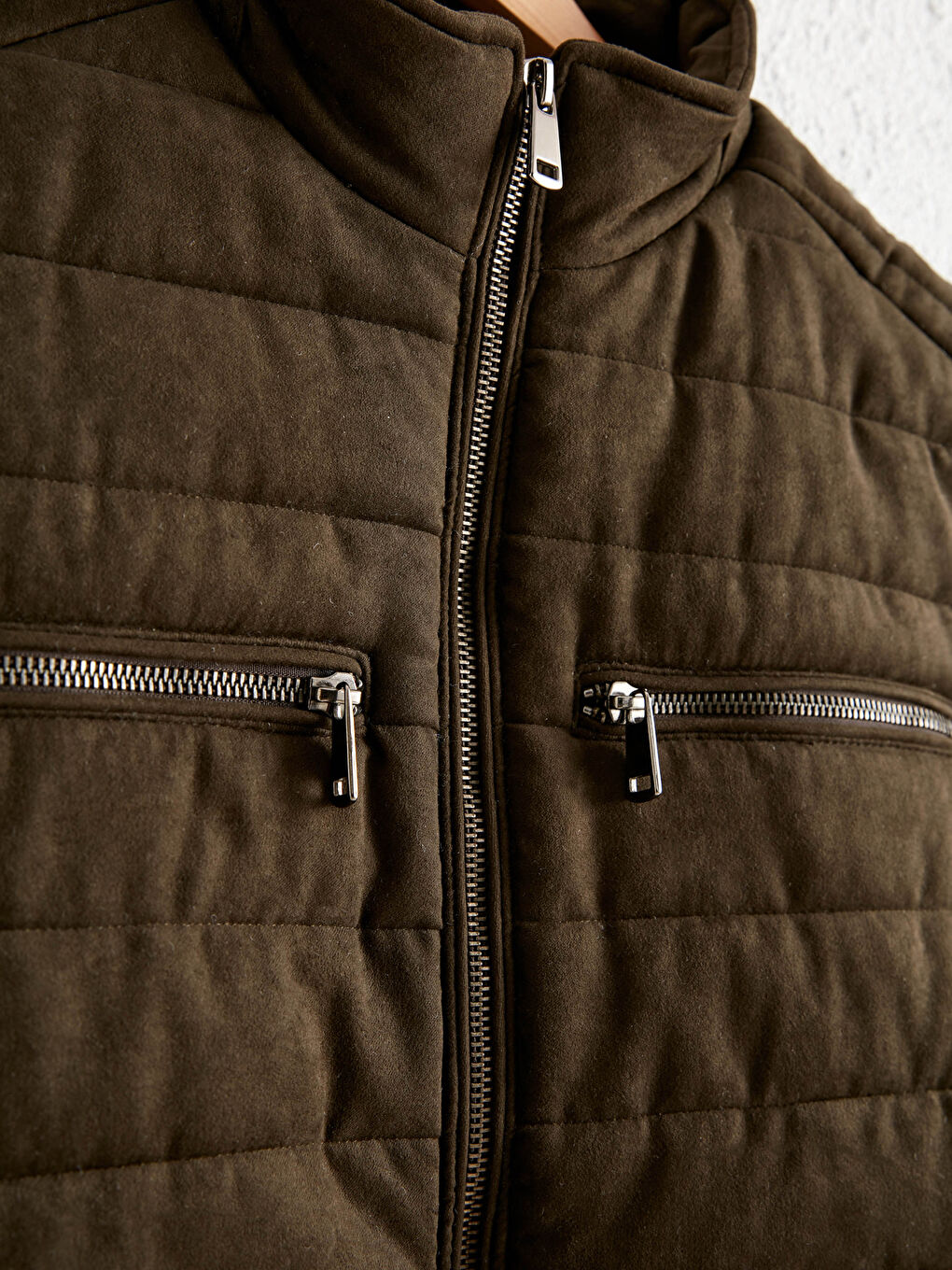 Haki Slim Fit Dik Yaka Süet Yelek-1