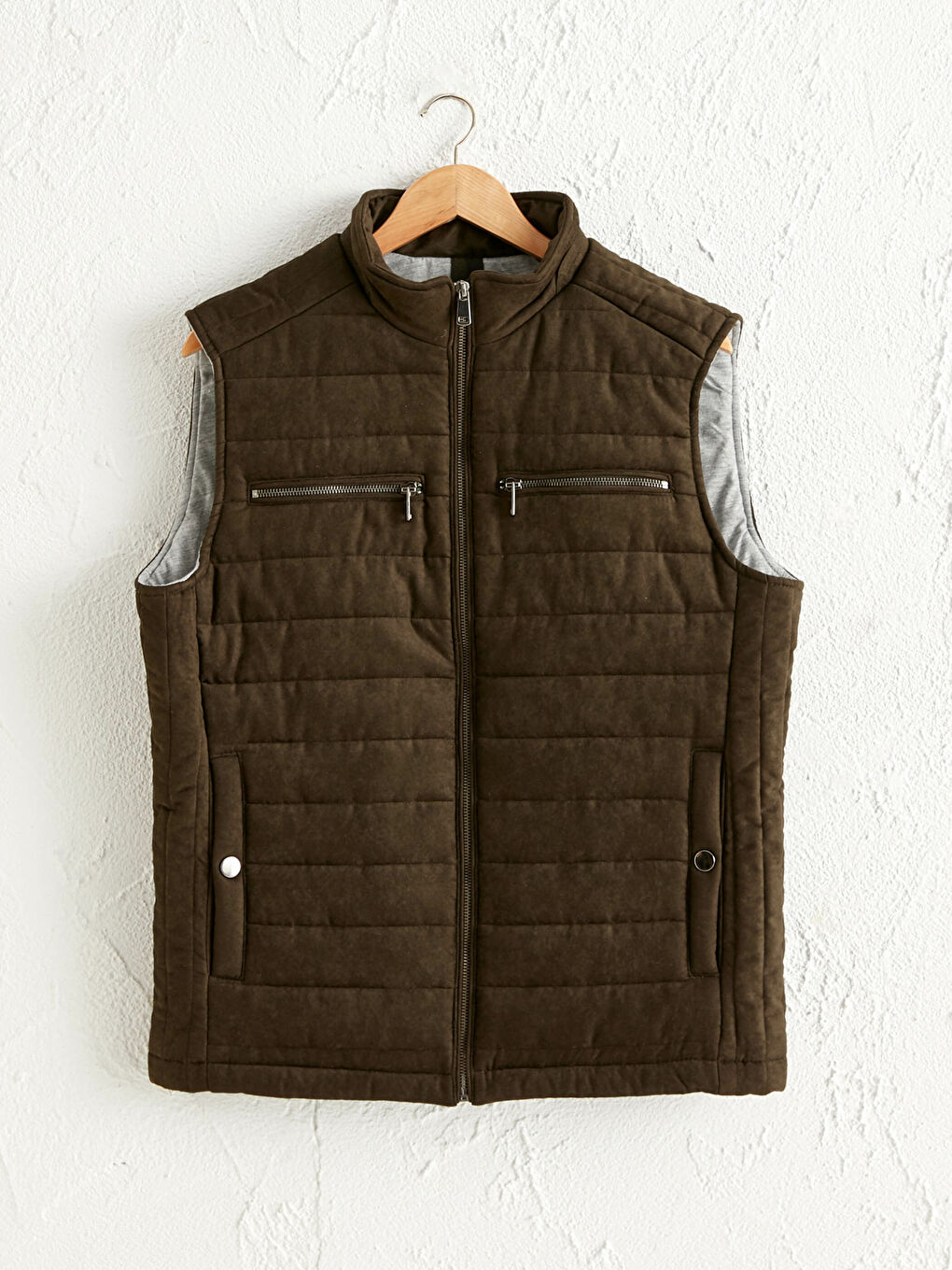 Haki Slim Fit Dik Yaka Süet Yelek