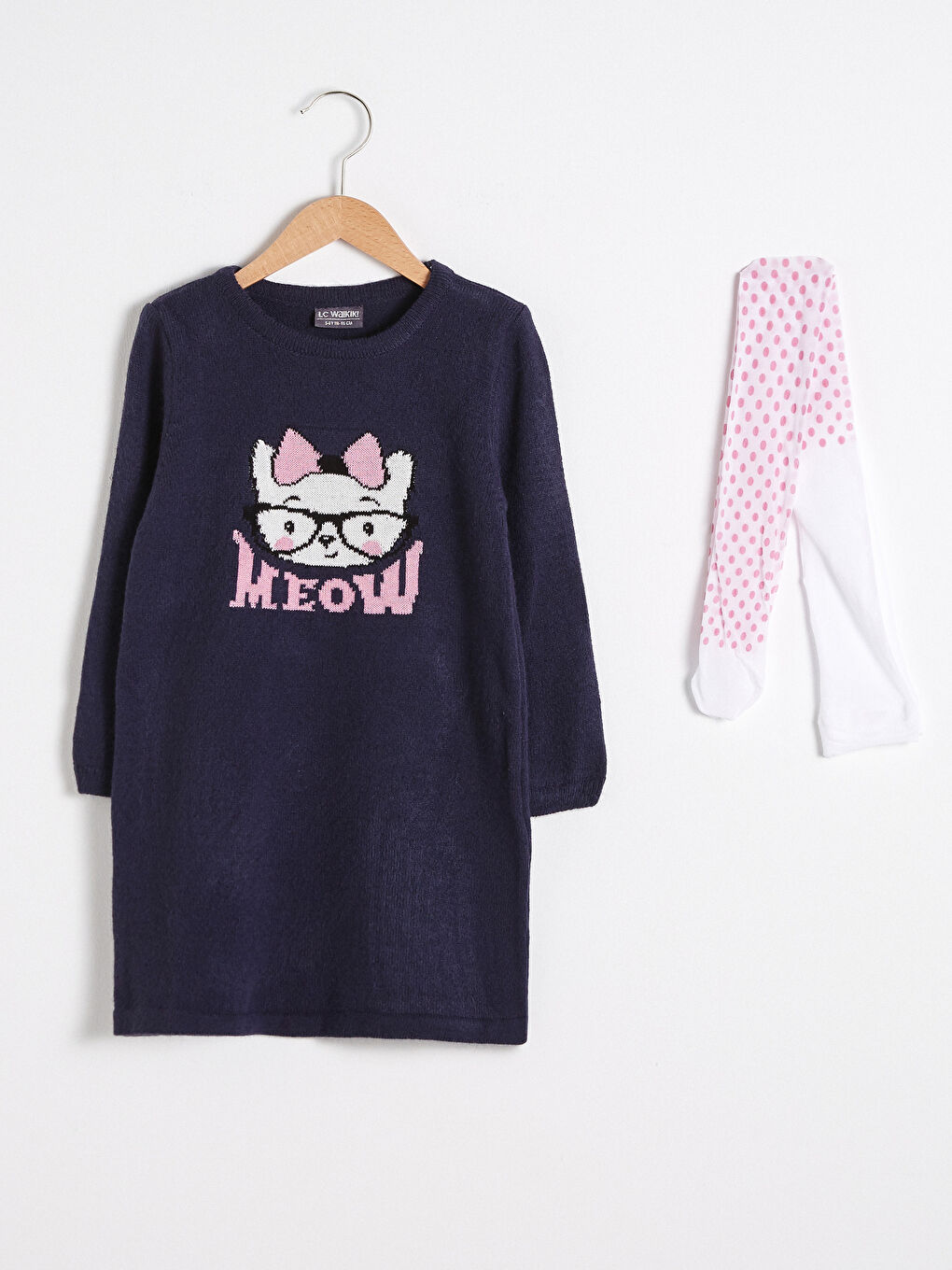 Lacivert Kız Çocuk Triko Elbise ve Külotlu Çorap