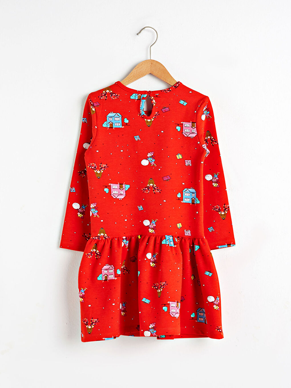 Kırmızı Kız Çocuk Desenli Pamuklu Elbise-1