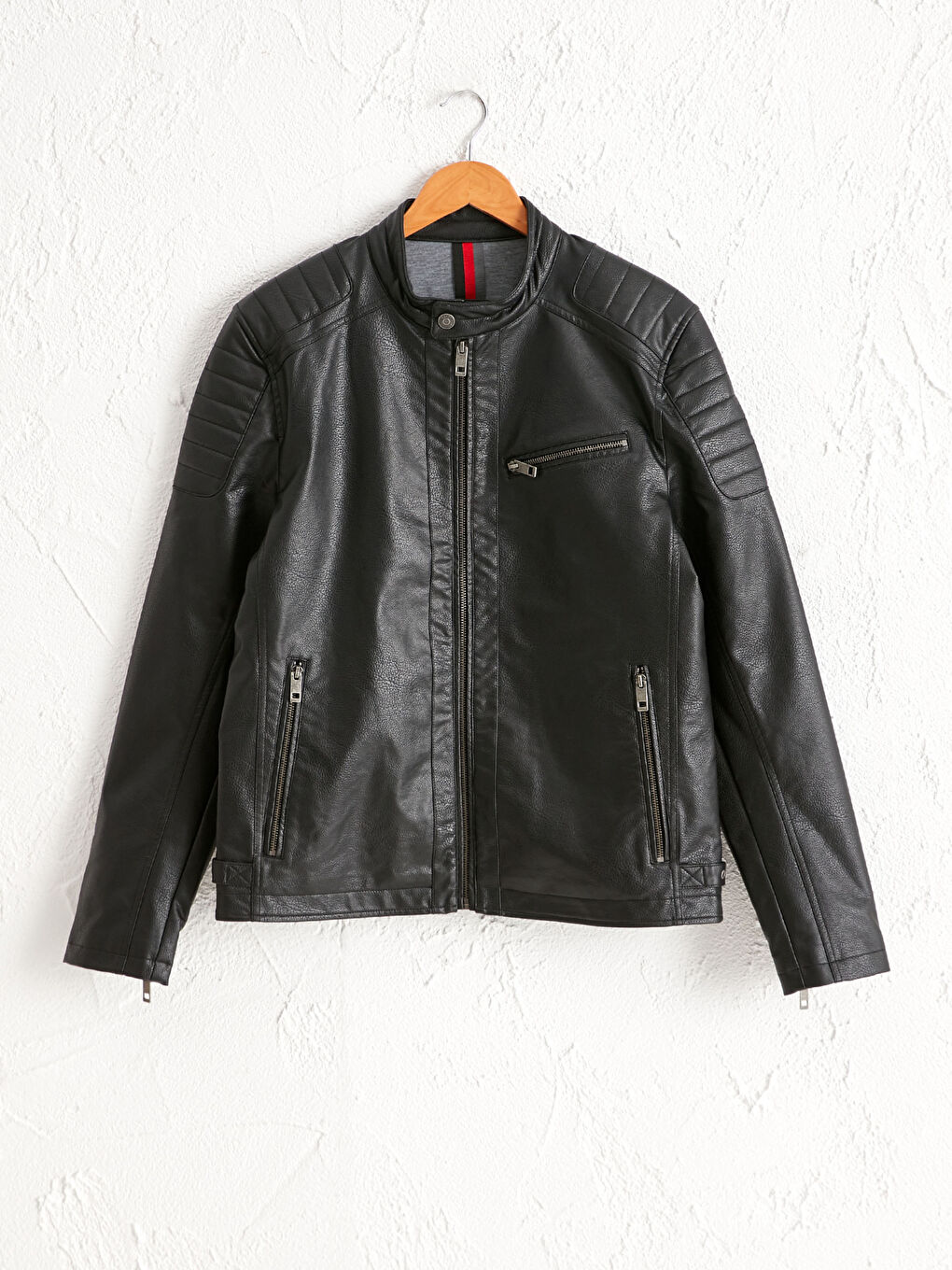 Kaput od veštačke kože sa uspravnom kragnom, kratki-4