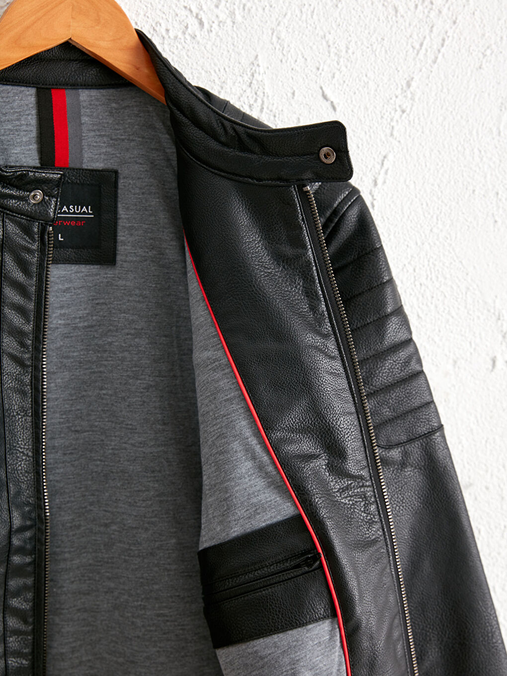 Kaput od veštačke kože sa uspravnom kragnom, kratki-5