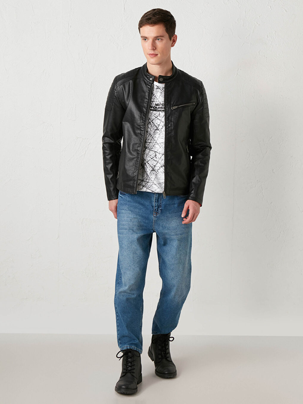 Kaput od veštačke kože sa uspravnom kragnom, kratki-2