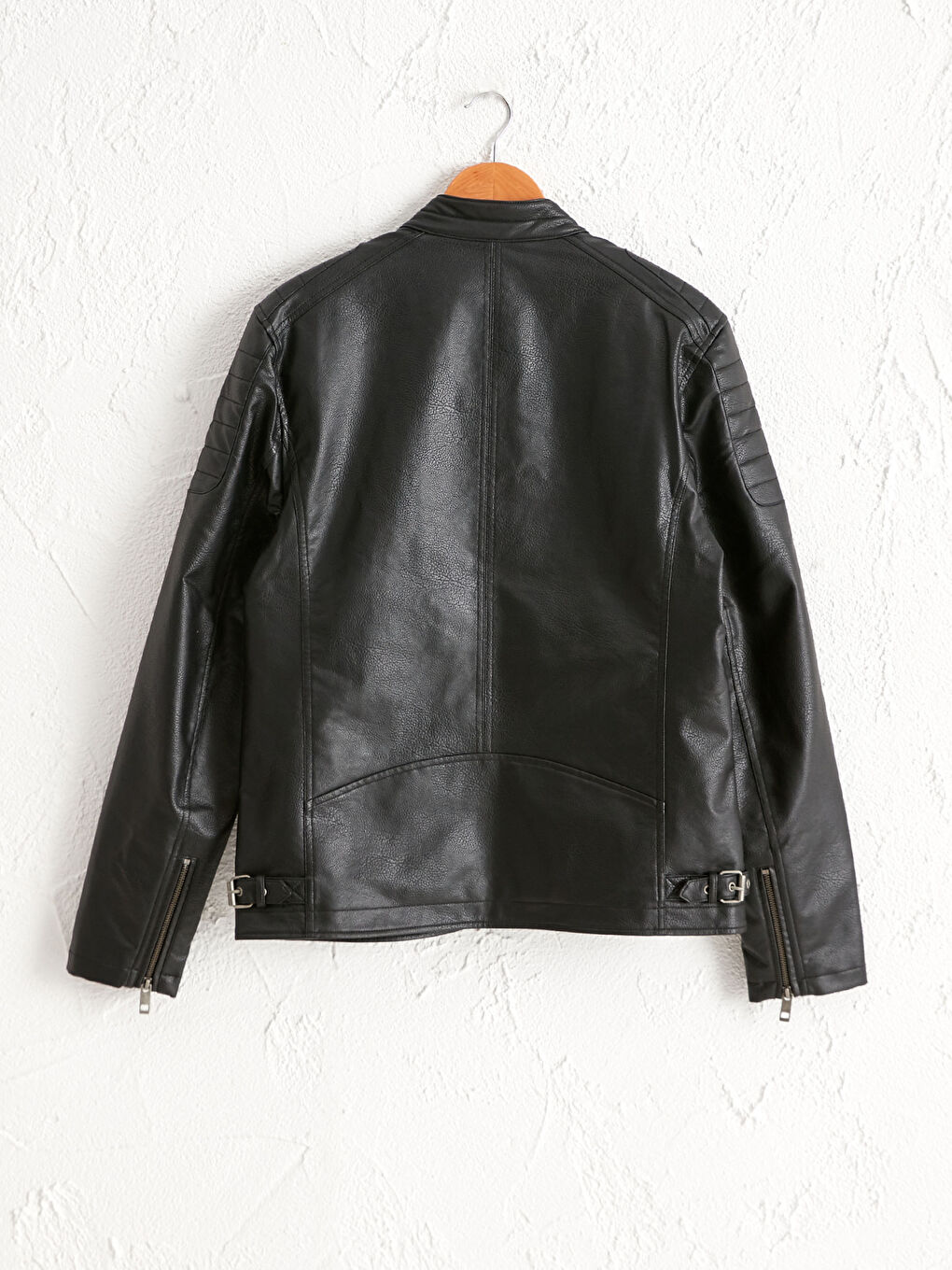 Kaput od veštačke kože sa uspravnom kragnom, kratki-6