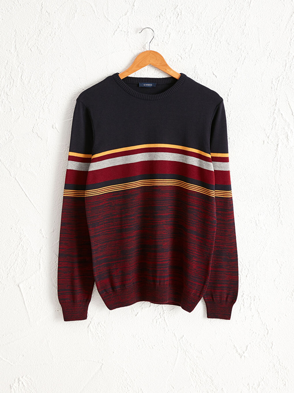 Пуловер с кръгло деколте, раиран, тънък, трико-1