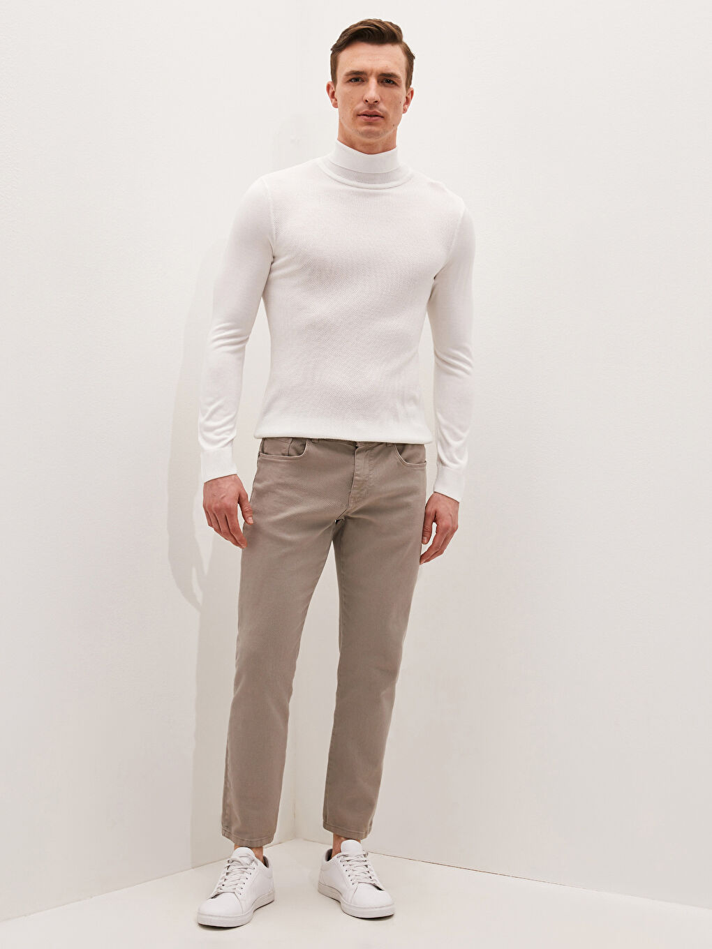 Ekru Balıkçı Yaka Uzun Kollu İnce Erkek Triko Kazak-2