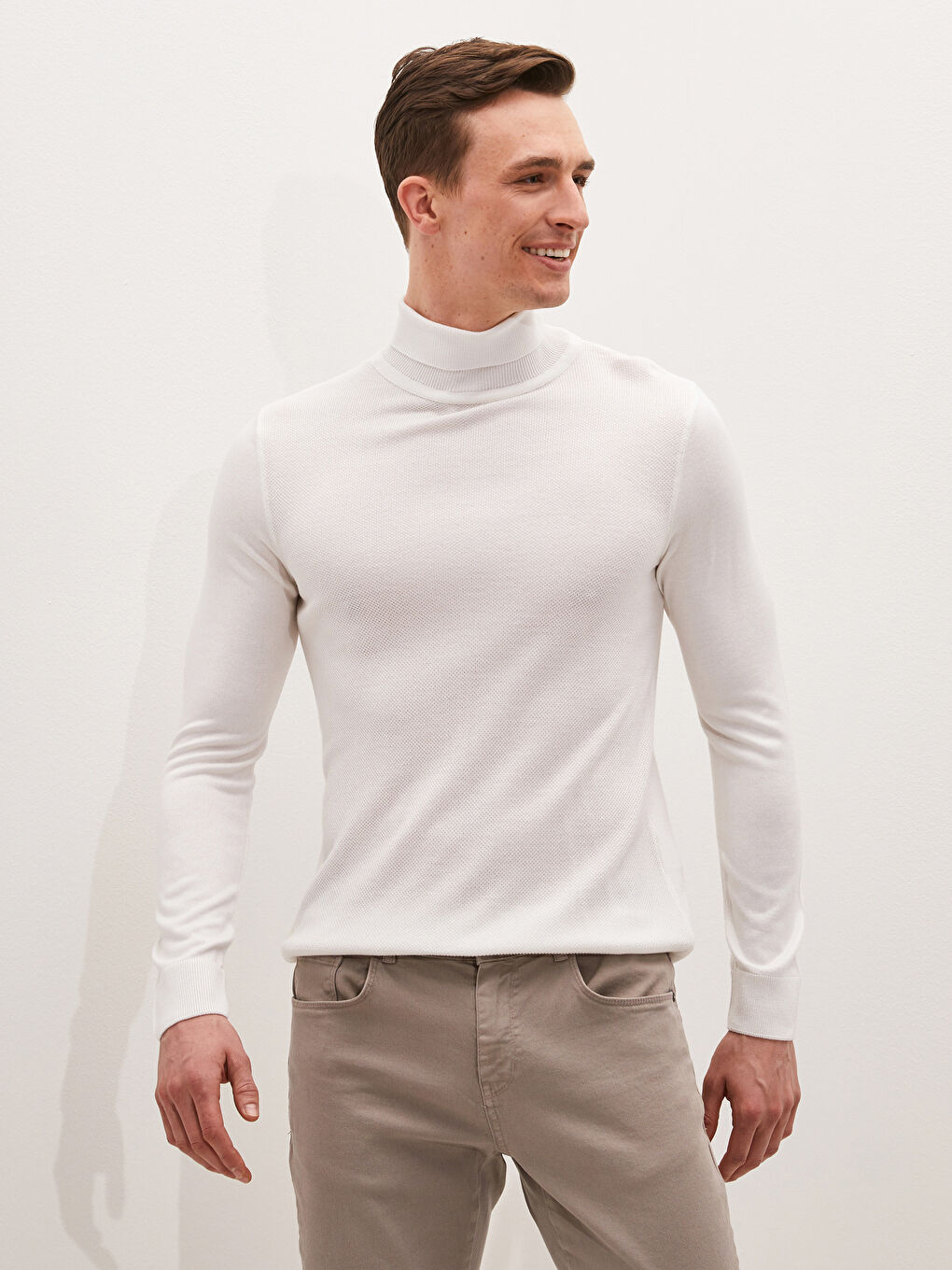 Ekru Balıkçı Yaka Uzun Kollu İnce Erkek Triko Kazak-5