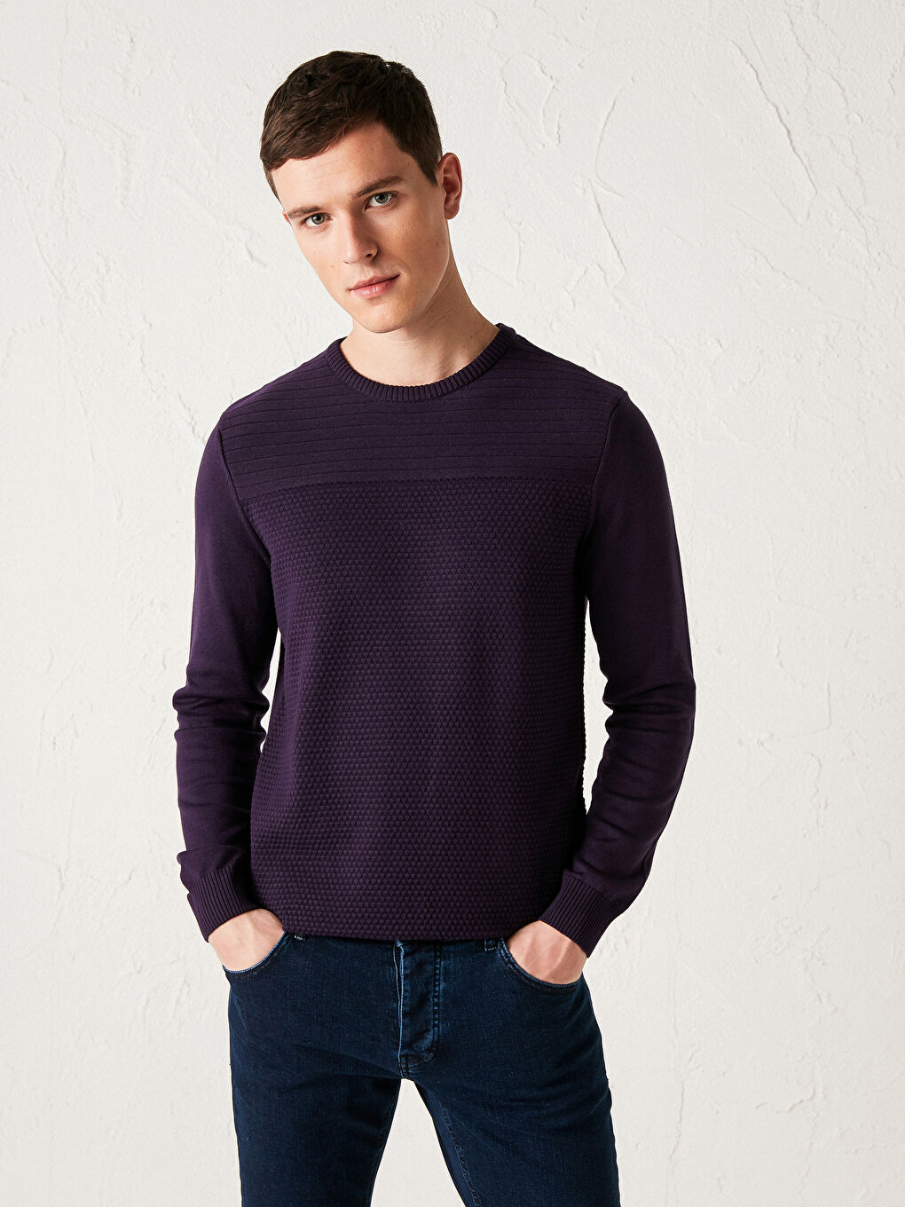 Mor Bisiklet Yaka Dokulu İnce Triko Kazak-1