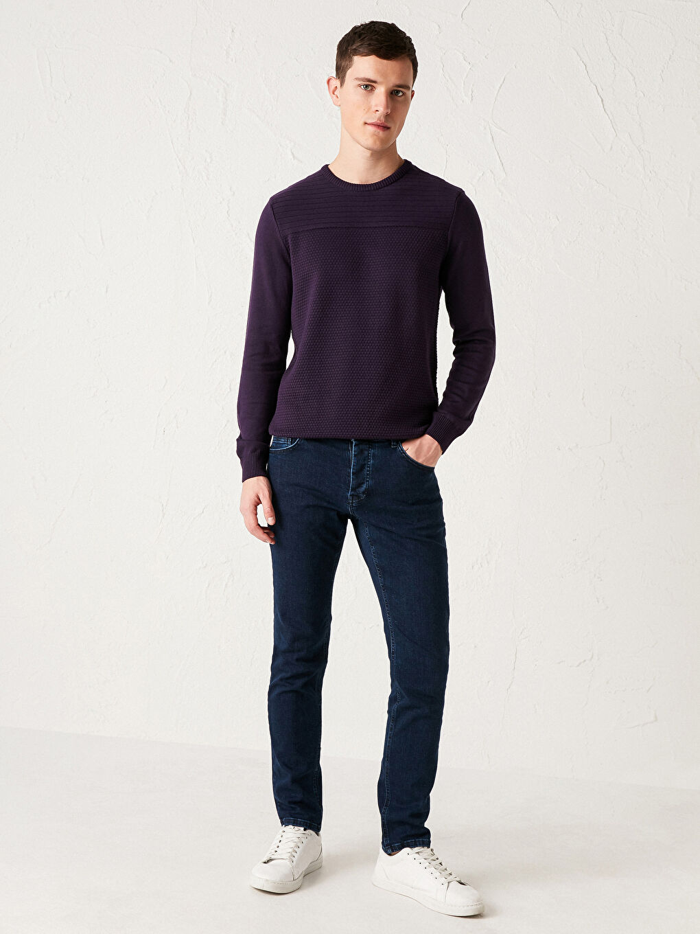 Mor Bisiklet Yaka Dokulu İnce Triko Kazak-3