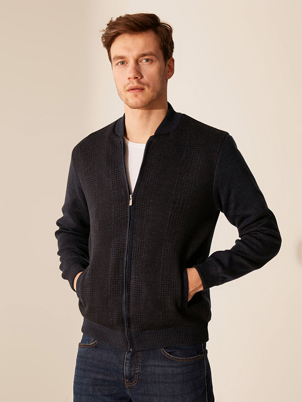 İndigo Standart Kalıp Kolej Yaka Erkek Hırka