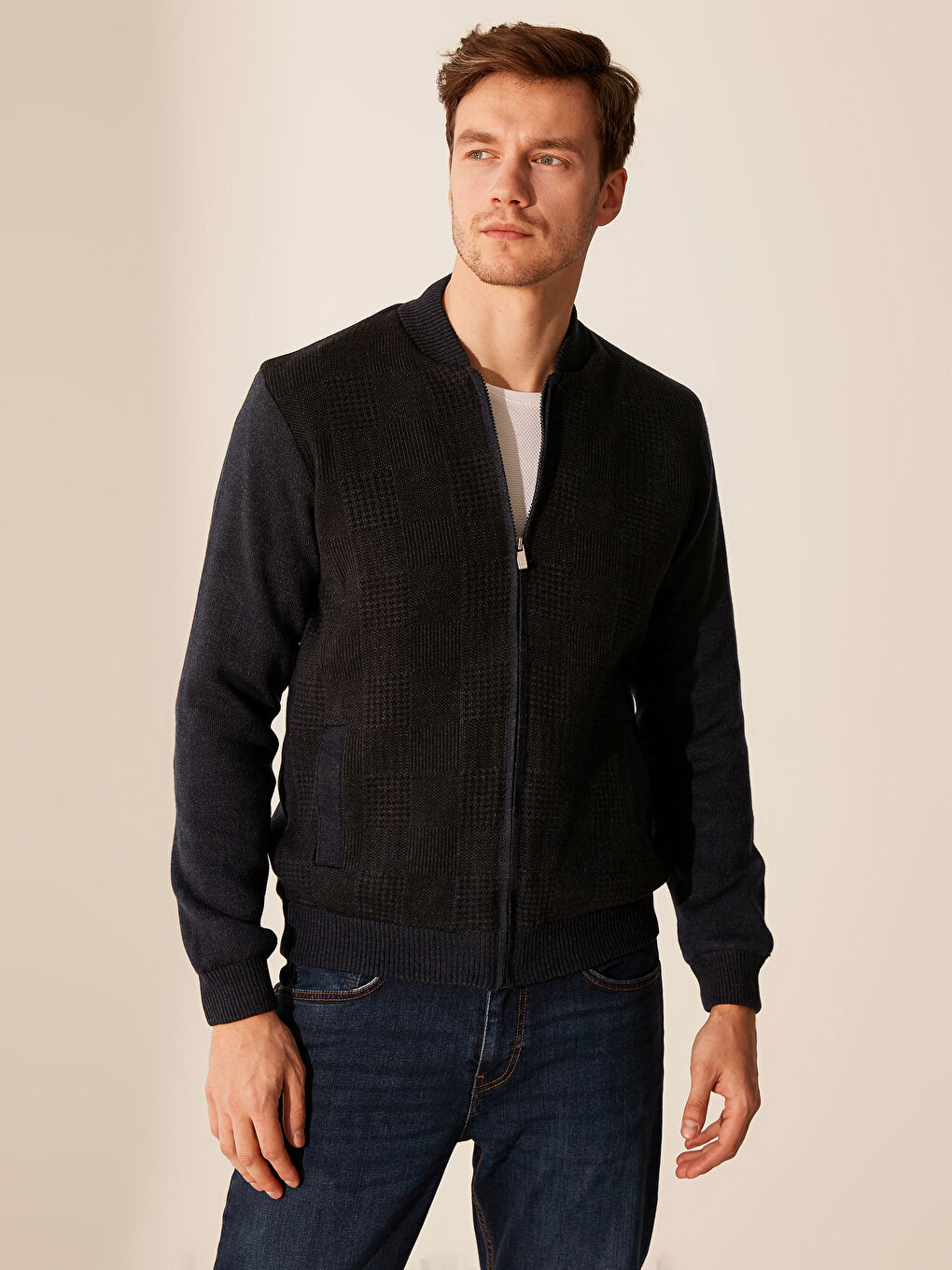 İndigo Standart Kalıp Kolej Yaka Erkek Hırka-1