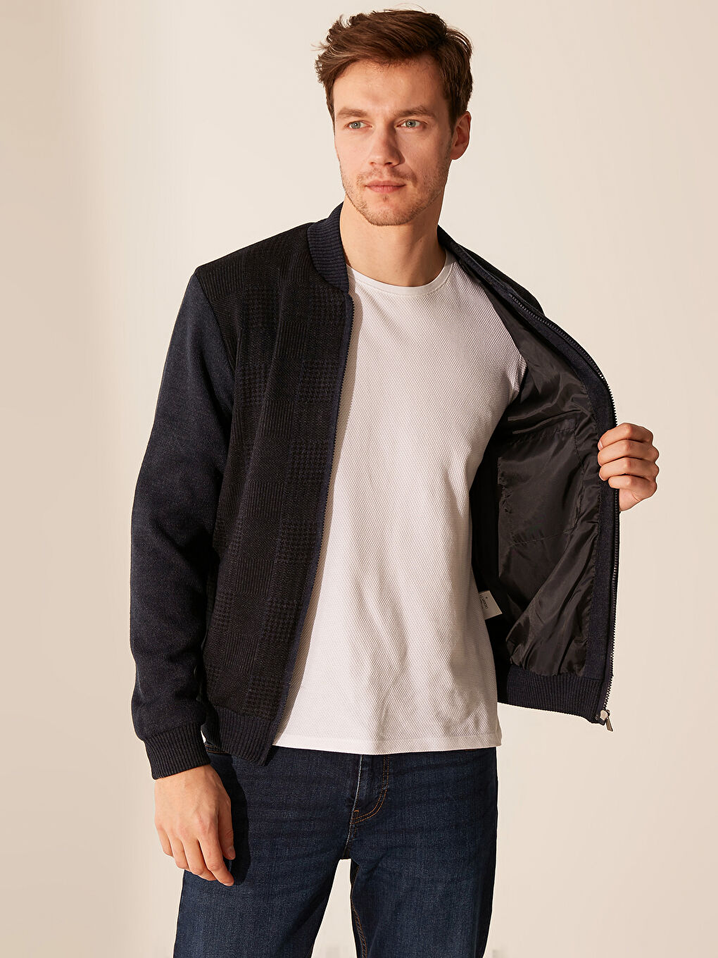 İndigo Standart Kalıp Kolej Yaka Erkek Hırka-2