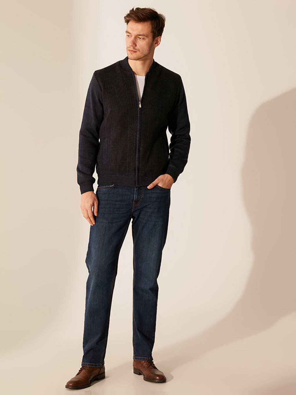 İndigo Standart Kalıp Kolej Yaka Erkek Hırka-4