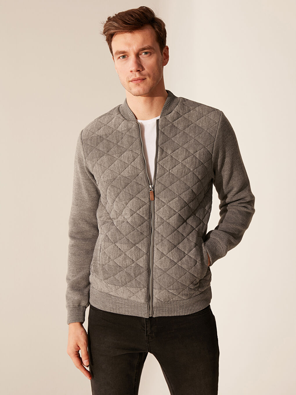 Gri Standart Kalıp Kolej Yaka Erkek Hırka