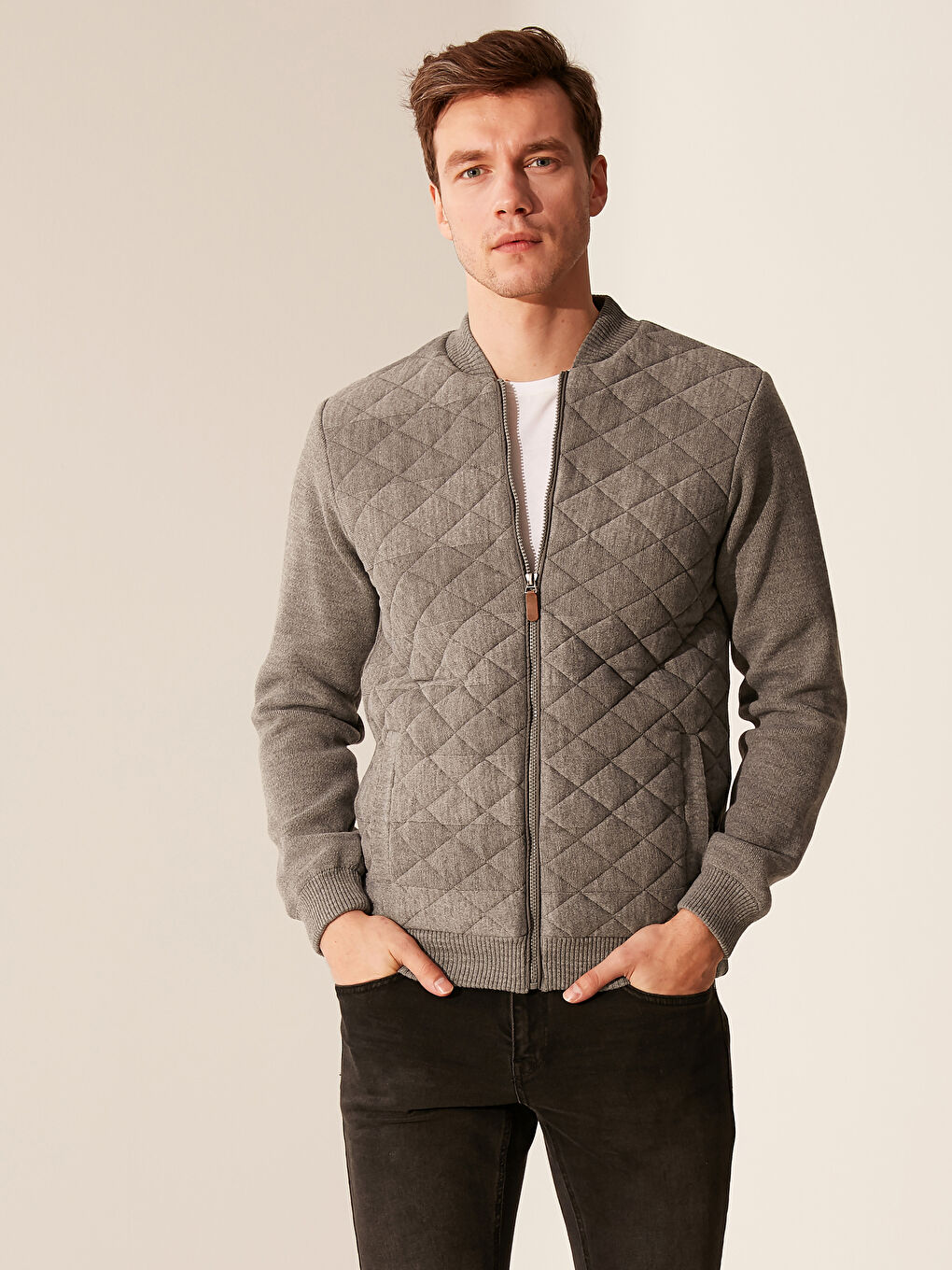 Gri Standart Kalıp Kolej Yaka Erkek Hırka-1