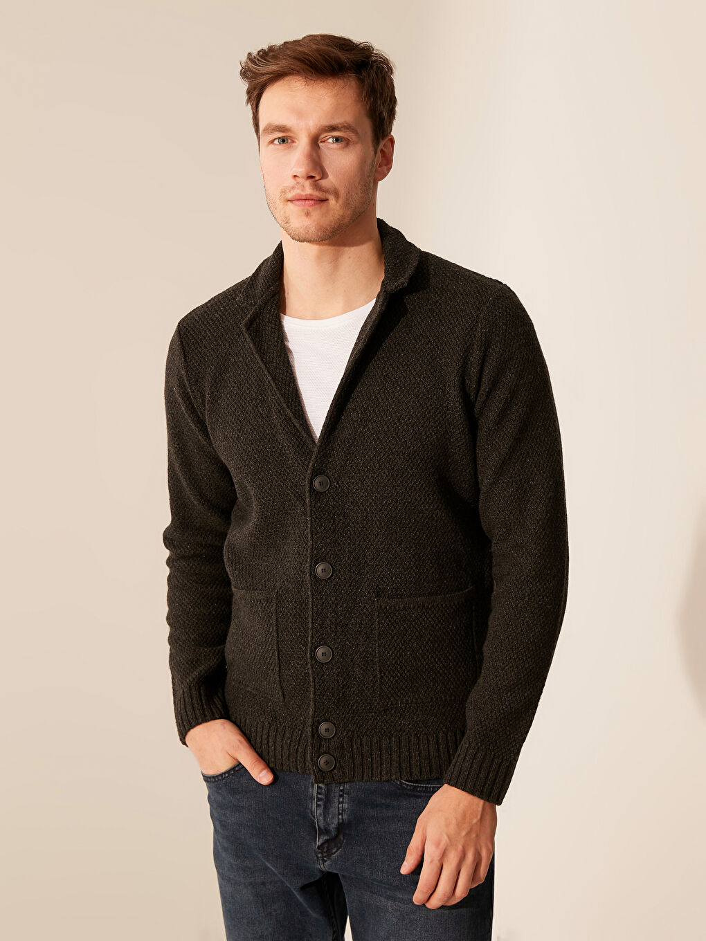 Antrasit V Yaka İnce Triko Hırka-1