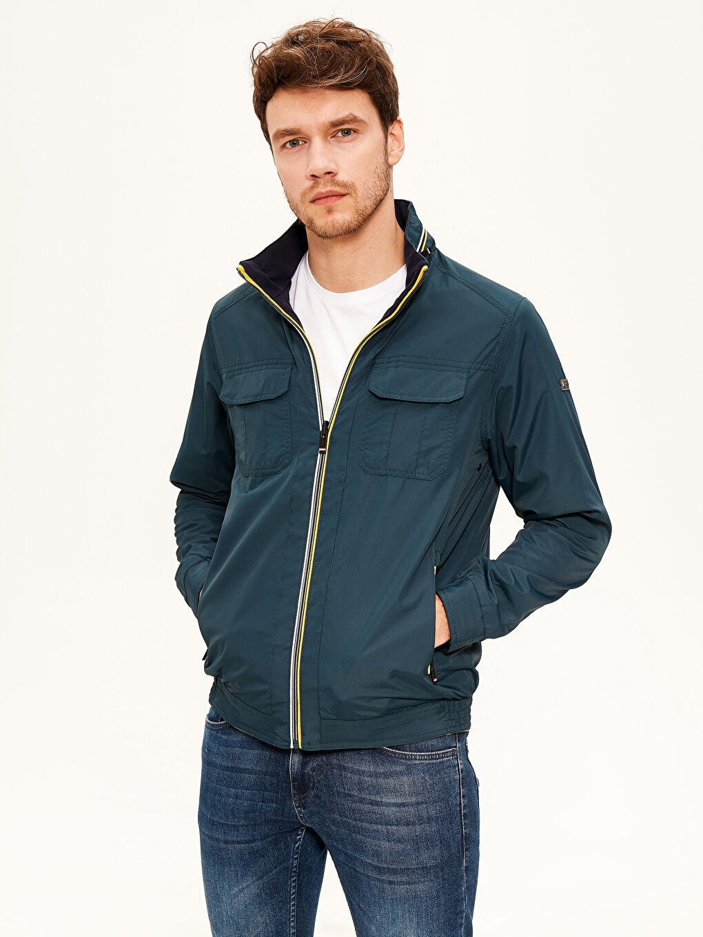 Petrol Dik Yaka Çift Taraflı İnce Mont