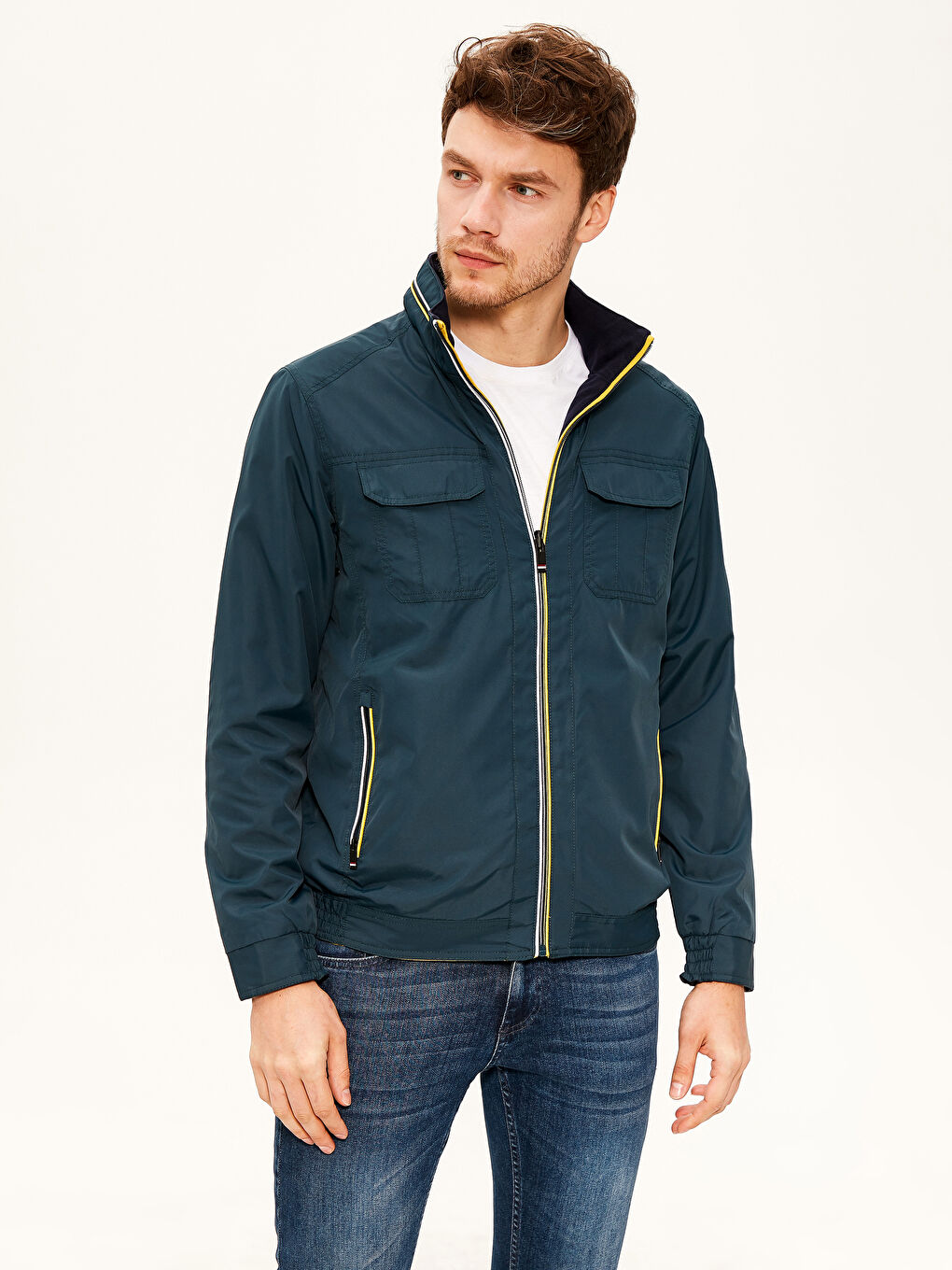 Petrol Dik Yaka Çift Taraflı İnce Mont-1