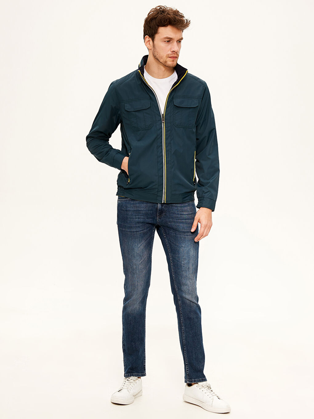 Petrol Dik Yaka Çift Taraflı İnce Mont-6