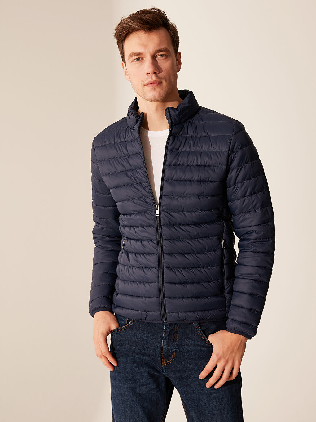 Lacivert Dik Yaka Şişme Mont-1