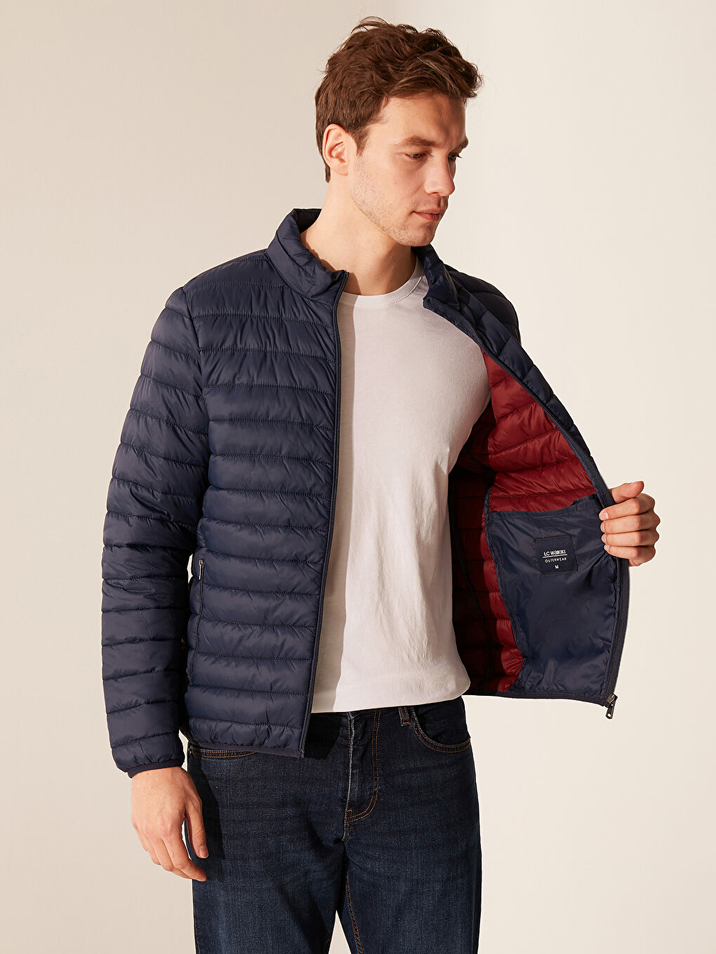 Lacivert Dik Yaka Şişme Mont-2