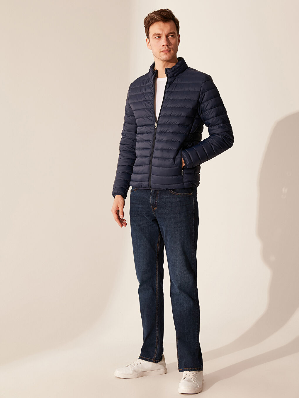 Lacivert Dik Yaka Şişme Mont-4