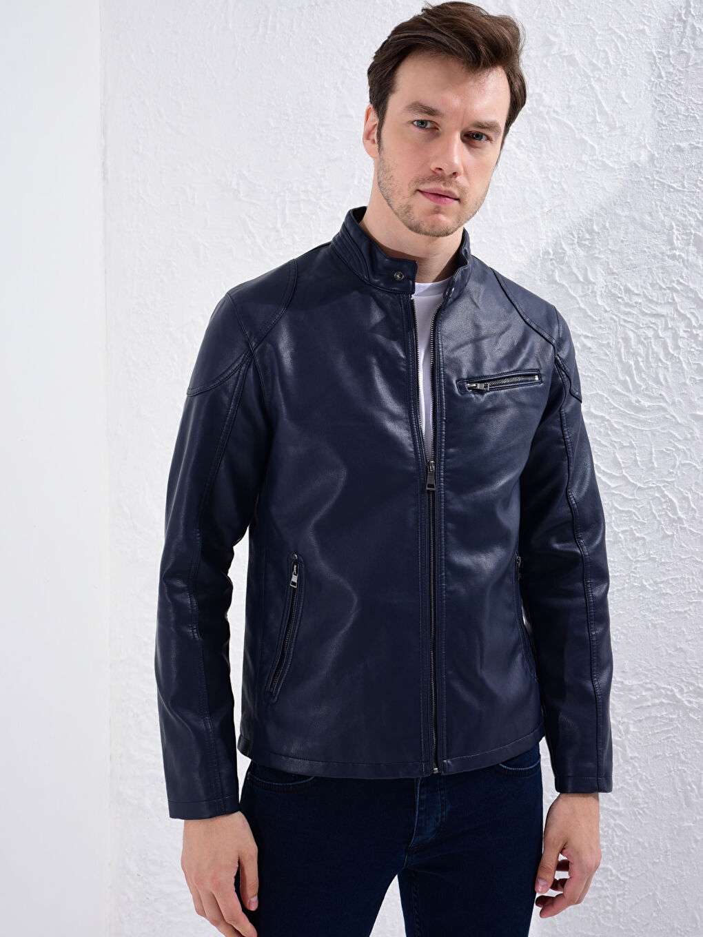 Slim Fit Faux Leather Short Coat-6