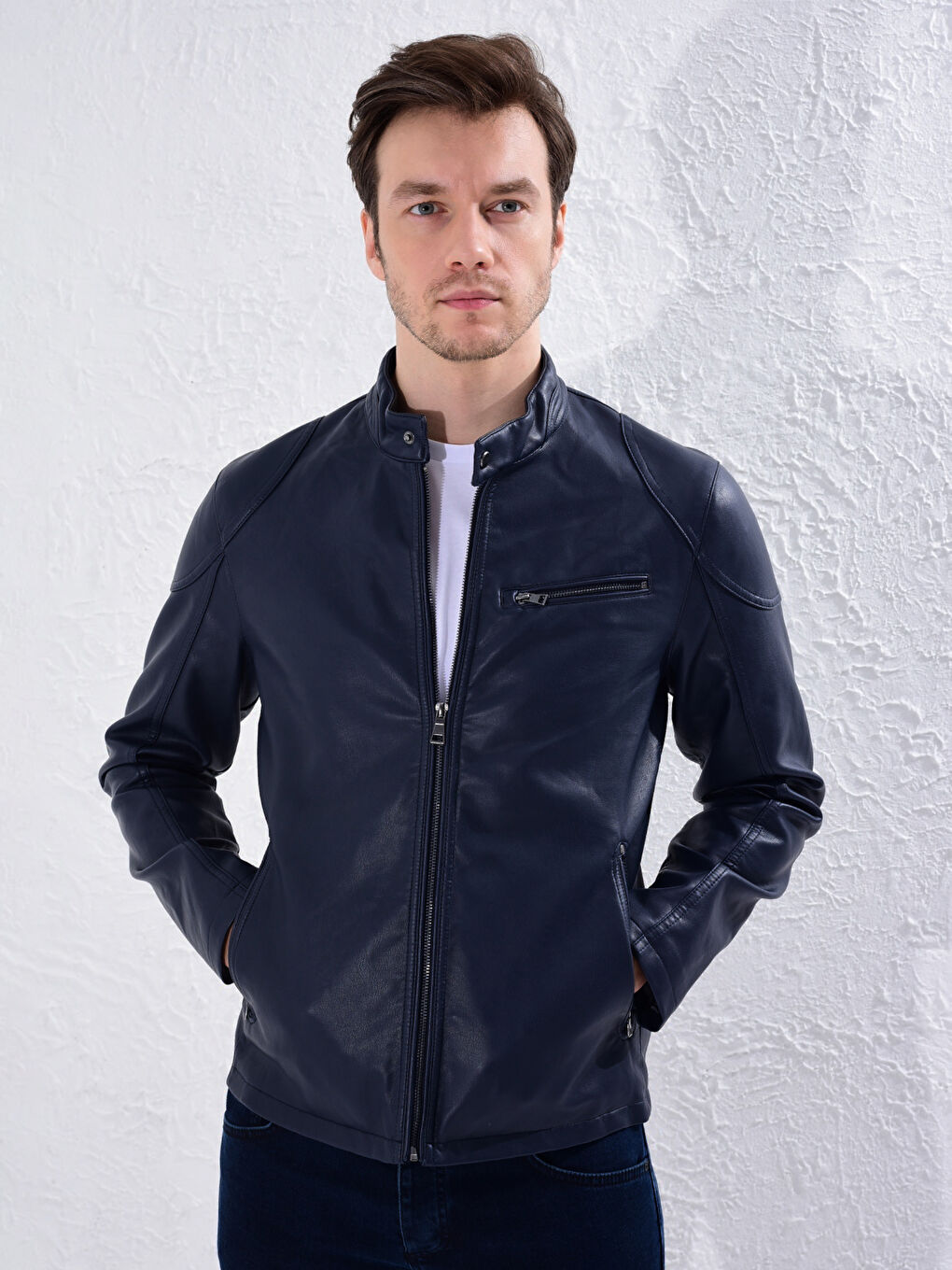 Slim Fit Faux Leather Short Coat-8