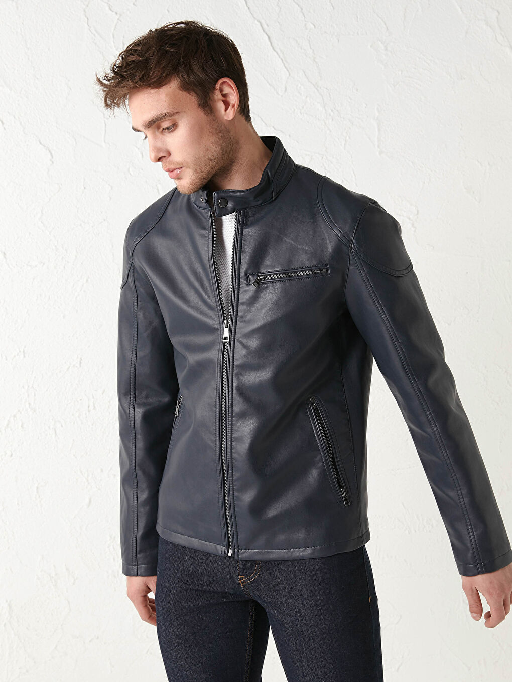 Slim Fit Faux Leather Short Coat