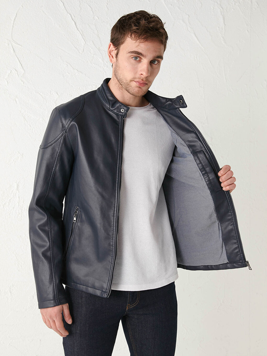 Slim Fit Faux Leather Short Coat-3